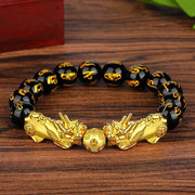 Natural Black Obsidian Gold Plated Double Pixiu Wealth Bracelet