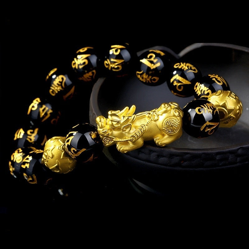 2024 Feng Shui Black Obsidian Wealth Bracelet – Gold Plated Pixiu Wristband Lucky